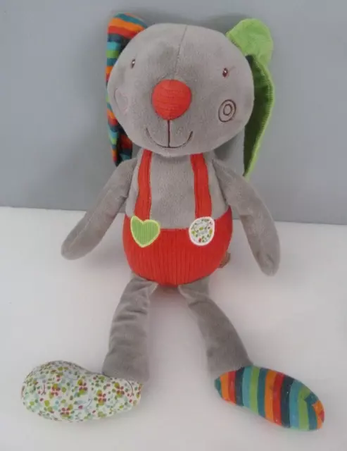1m. DOUDOU PELUCHE EBULOBO LAPIN gris rouge bretelles coeur 36cm - TBE