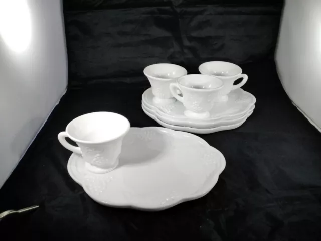 Indiana Colony Milk Glass 4 White Harvest Grape Cup & Plate Snack Luncheon Sets