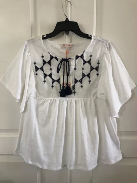 Knox Rose Top Size XL White Flutter Short Sleeve Blue Embroidered Tassel Blouse