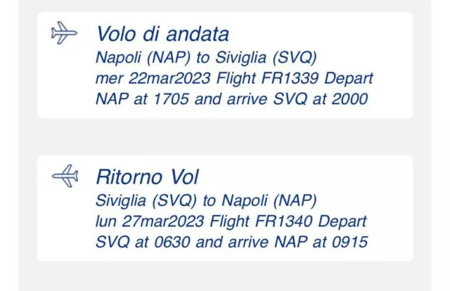 2Biglietti Aerei Napoli- Siviglia Dal 22/03/2023 Al 27/03/2023 Andata E Ritorno 