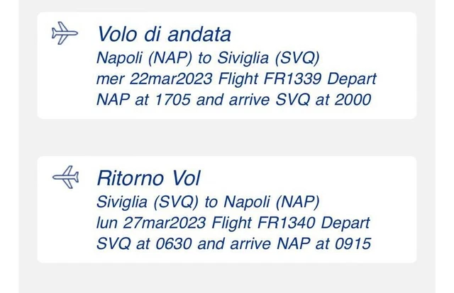 2Biglietti Aerei Napoli- Siviglia Dal 22/03/2023 Al 27/03/2023 Andata E Ritorno 