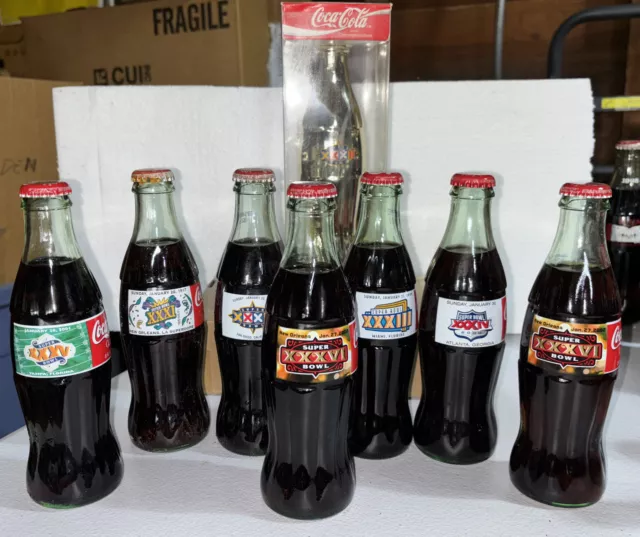 Coca-Cola NFL Super Bowl Unopened 8 Bottle Collection Brady 1st SB MVP Packers