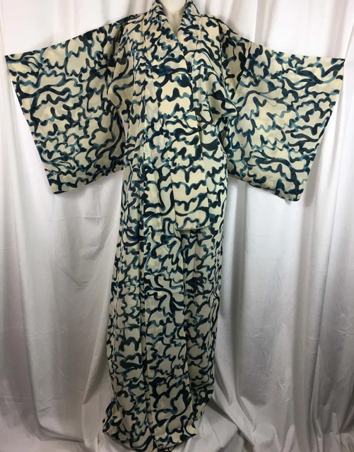 Vintage Japanese Silk Gauze Summer Weight Kimono Abstract Watercolor Print