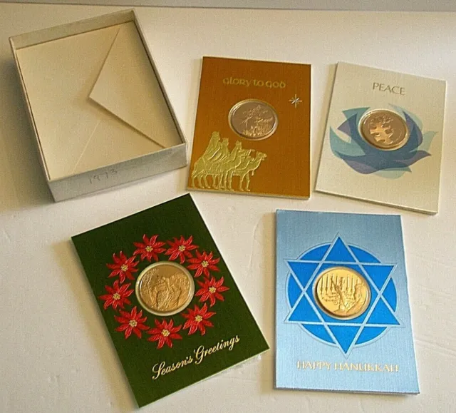 Franklin Mint Bronze Metals Christmas Hanukkah Cards 1973 lot of 4 with box  A