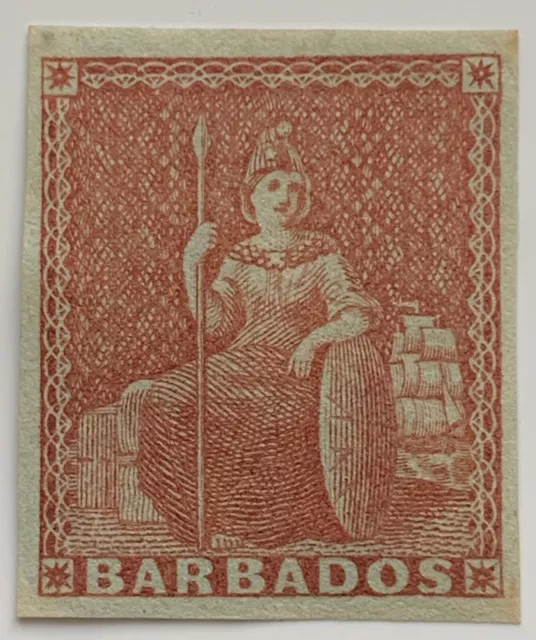 Barbados 1855 QV 4d Brownish Red Imperf Stamp Blue Paper 4 Margins MH SG5