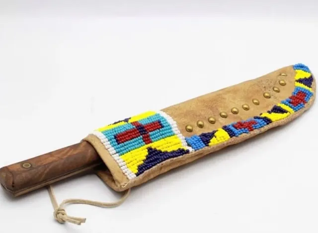 Native American Lakota Style Indian Beaded Cover Suede Leather Knife Sheath