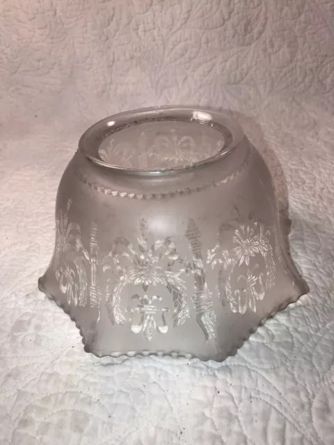 Antique Glass Gas Oil Lamp Shade Victorian Acid Etched Scalloped Edge. 4” Fitter