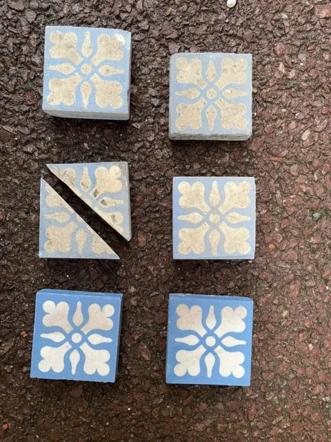 Antique Victorian Floor Tiles Reclaimed Encaustic Geometric Minton Blue Pattern