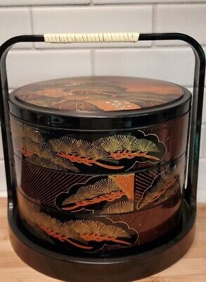 Vintage 3-Tier Black Lacquer Japanese Bento Lunch Box with Handle.