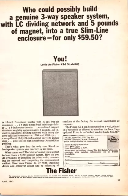 1963 Vintage Ephemera Print Ad Art The Fisher KS-1 StrataKit Bookshelf Speaker