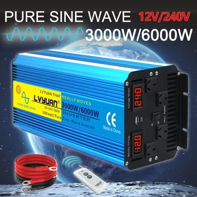 3000W 6000W Pure Sine Wave Power Inverter 12V to 240V Converter Remote Control