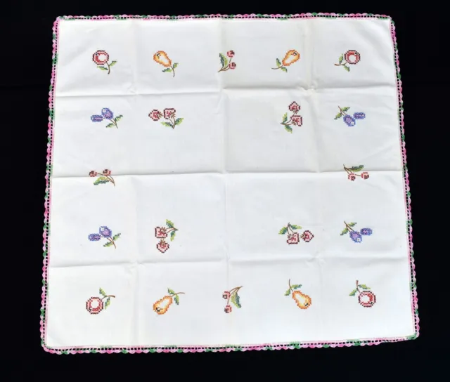 Vintage Hand Embroidered Fruit Cross Stitch Crochet Edge Cotton Tablecloth 30x32