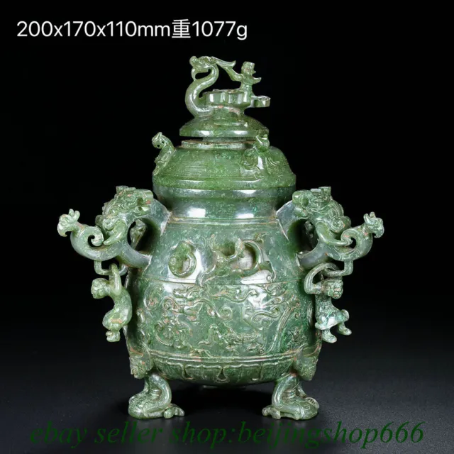 8" Old Chinese Hetian Green Jade Nephrite Carved Dragon incense burner Statue