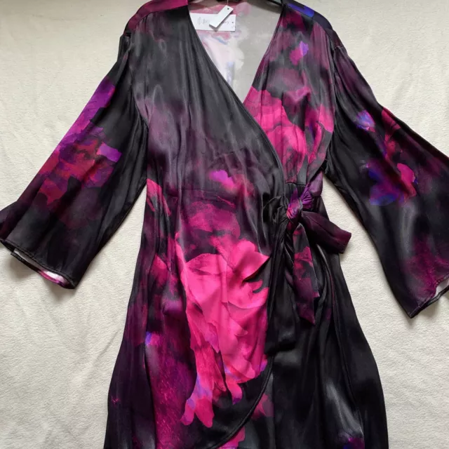 BNWT George Ladies Size 12, Black Multi Wrap Dress With Flutter Sleeves