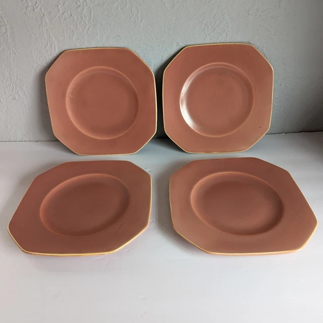 4 Vintage Homer Laughlin Wells Art Glaze Rose  W Cream 8" Squared Plates. VX