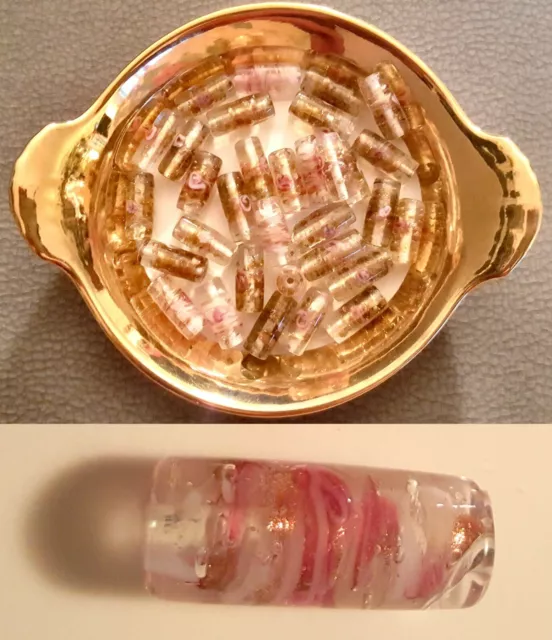 11 Lampwork Glas Perlen Beads Walze rosa weiß gold 23 x 9,5 mm Großloch NEU