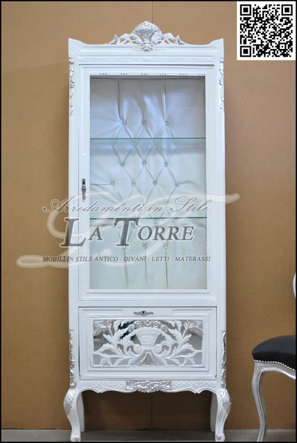 Grande Vitrine Baroque Blanche Et Or – Vaisselier En Bois Et Verre Style Ancien
