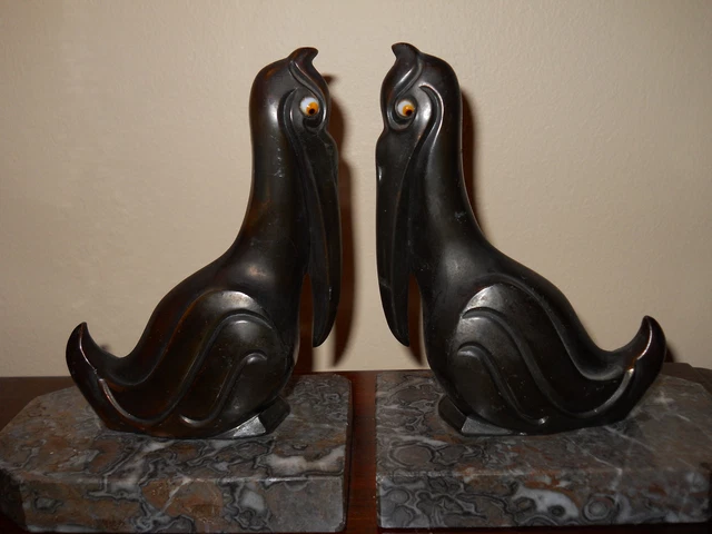 Rare Antique French Art Deco Bronze Pelicans Bookends 1930'S Stunning Birds