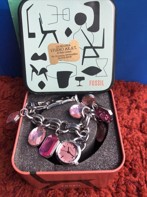 FOSSIL F2 Ladies Quartz Watch ES 1459 With Pink Gem Diamante Hanging Charms 10.50 PicClick UK