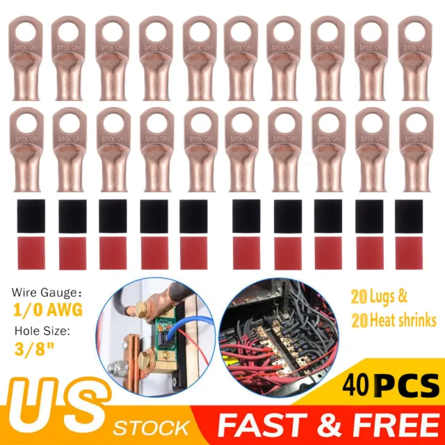 40 X 1/0 3/8" AWG Gauge Copper Lugs + BLACK RED Heat Shrink Ring Terminals Wire
