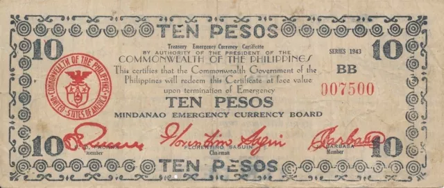 Currency Japan Philippines Emergency 1943 WWII Note 10 Pesos Circulated Worn