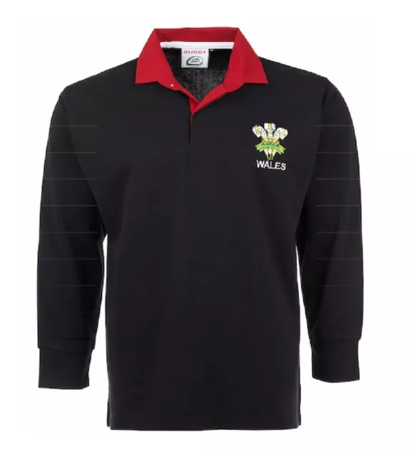 Wales Rugby Shirt BLACK Retro Classic Traditional Welsh Top All Sizes S - 5XL