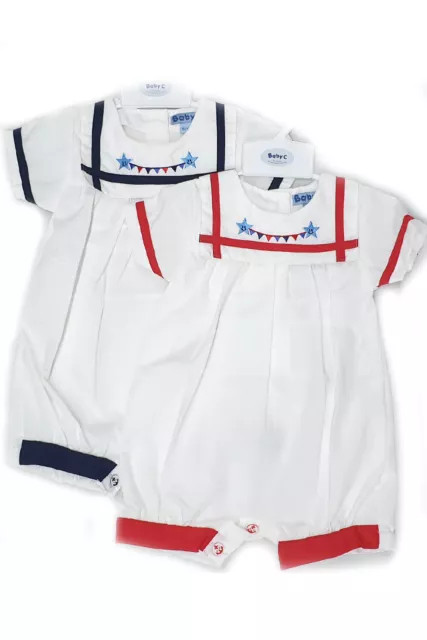 Baby Boys Romper Suit ~ Sailor Collar ~ Smiley Stars Bunting Red Navy 0-9 Months