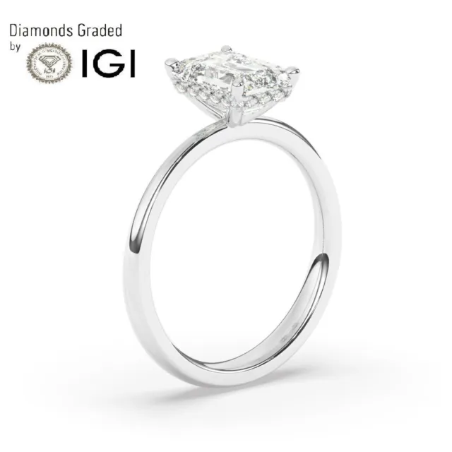 IGI, Emerald Cut Lab-Grown Diamond Hidden Halo Engagement Ring, 18K White Gold