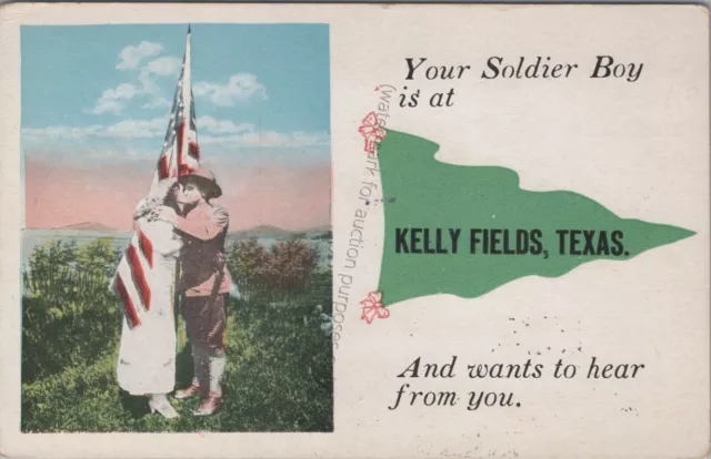 San Antonio, TX: Kelly Field soldier military flag, vintage Texas postcard WWI