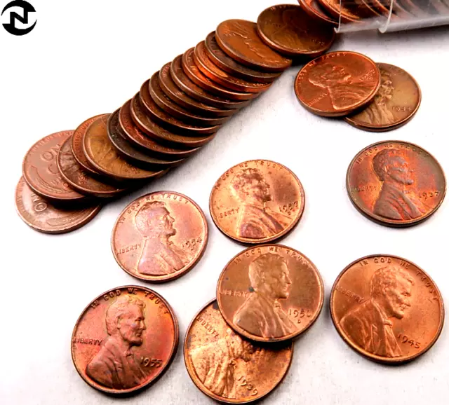 AU-BU Lincoln Wheat Penny Cent Roll ~ Mixed 1930's-1950's ~ 50 Coins + BONUS