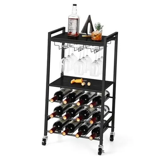 Bar Cart Small Rolling Wine Rack Table with Wheels Glass Holder Black