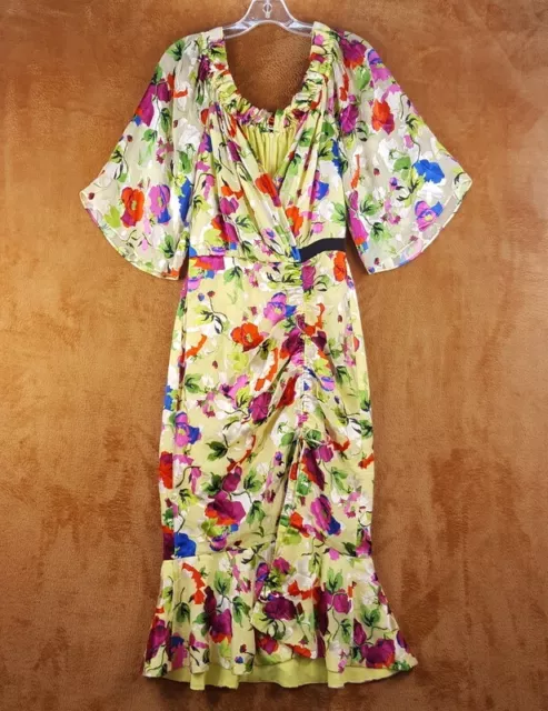 SALONI Womens Dress Size 2 Yellow Floral Midi Ruffle Ruched OLIVIA POPPY $650 2