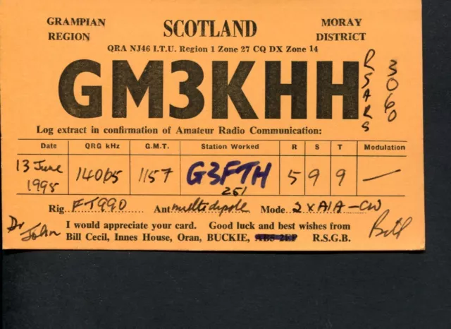 1 x QSL Card Radio UK GM3KHH Oran Scotland 1995 o ≠ R127