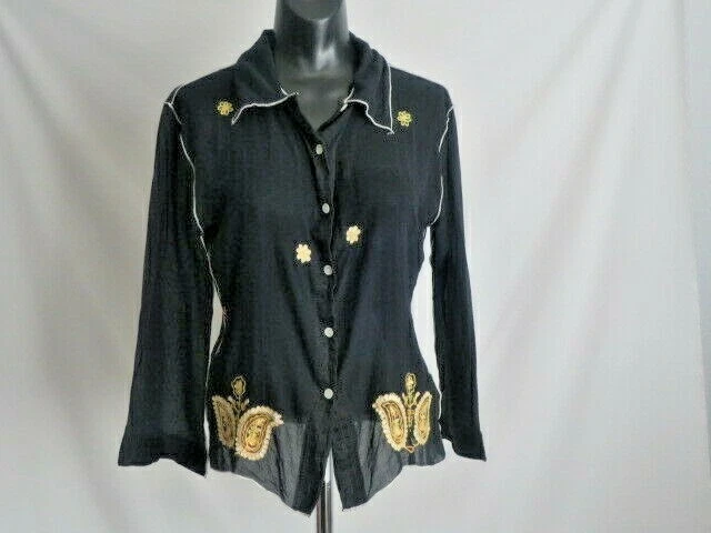SURKANA Women's L Top Blouse Black Embroidered Flower Paisley Cotton see measure
