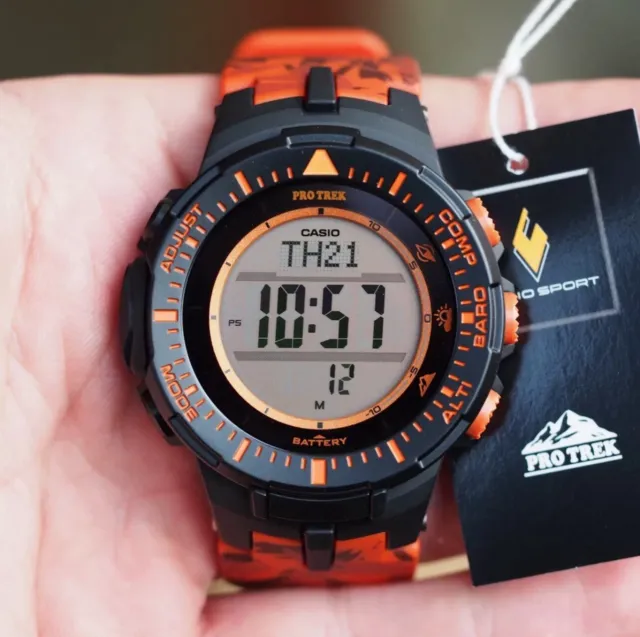 Reloj Para Hombre Casio Pro Trek Triple Sensor Solar Camuflaje Naranja Prg300Cm-4