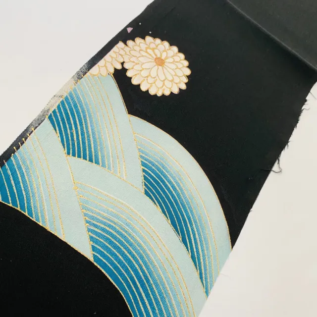 Sea #F 6.5x59 Hand Painted Vintage Tomesode Black Kimono Silk Fabric ToE5
