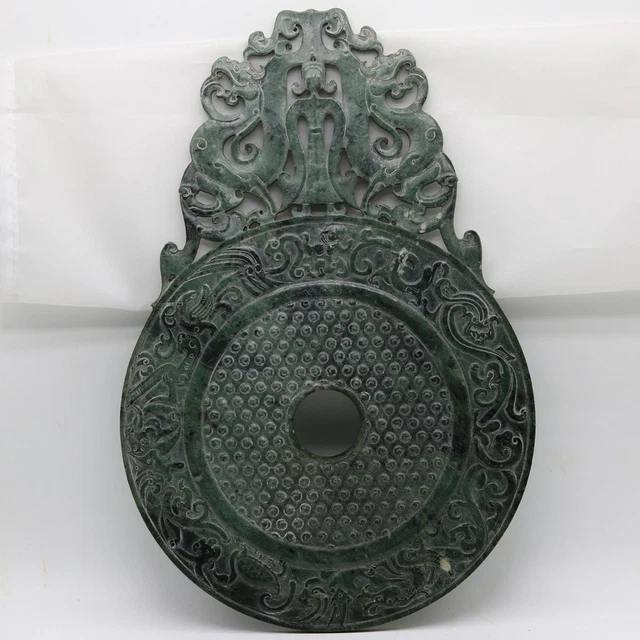 Chinese hand carve jade openwork green Disc Bi with Chi dragon human grains D245