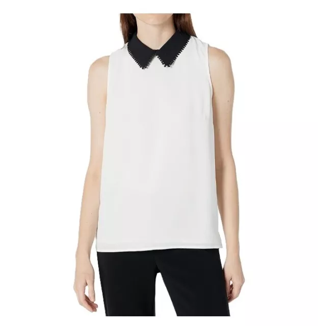 Cece Womens M Soft Ecru Ivory Black Collared Sleeveless Blouse Top NWT AS89