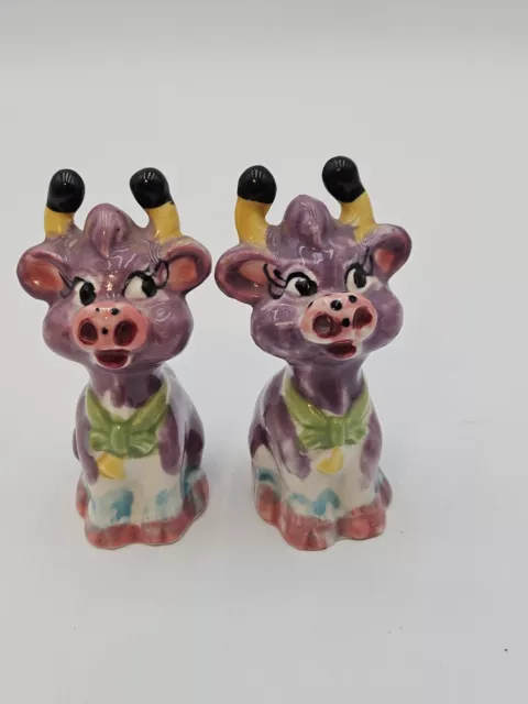 Vintage Purple Cow Porcelain Salt And Pepper Shakers Hand Painted Japan 3.5"x2"