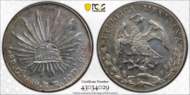 MEXICO GUANAJUATO MINT 1889-GoRR  8 REALES SILVER COIN, PCGS CERTIFIED AU DETAIL