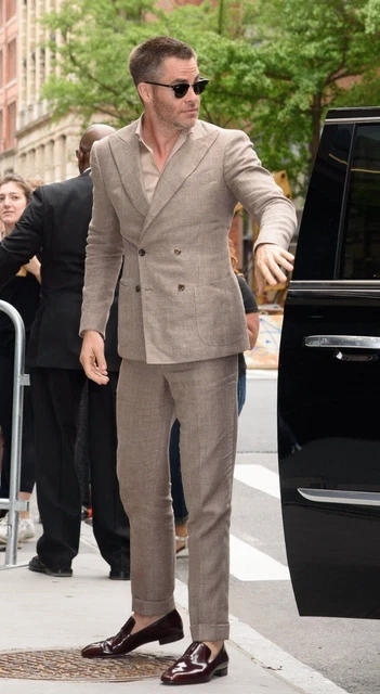 Brown Mens Linen Suit Double Breasted Groom Tuxedo Party Beach Casual Prom Suit