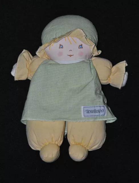 Peluche Doudou Poupée Jaune Vert NOUNOURS Fille Hochet Grelot 26 Cm TTBE
