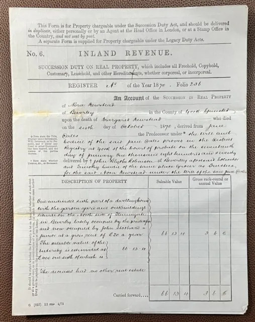 1870 Inland Revenue Document for Nora Newstead of Beverley, Yorkshire