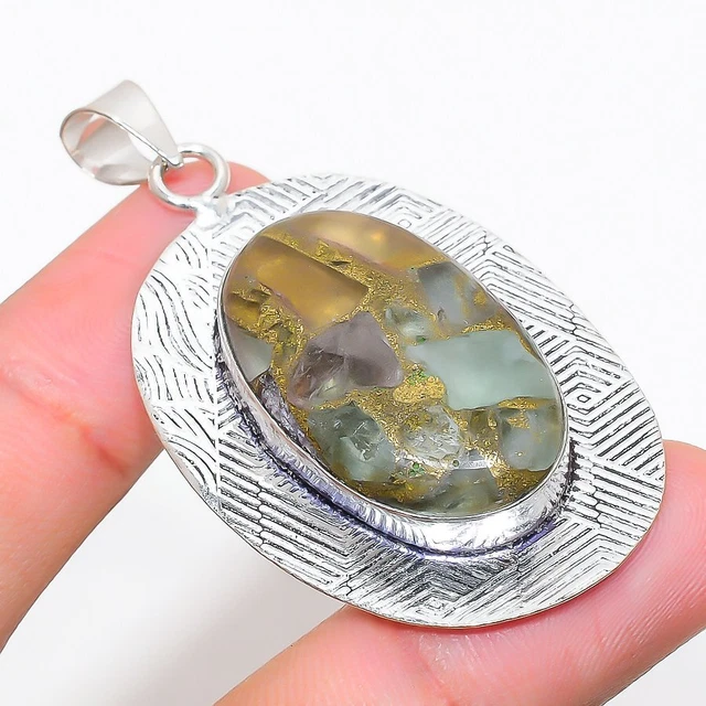 Copper Fluorite Gemstone Handmade 925 Sterling Silver Jewelry Pendant 2.25"