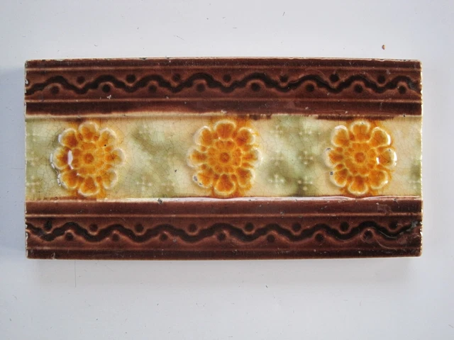 Antique Majolica Glazed 6" X 3"  Border / Spacer Tile  - Brown / Orange Flowers