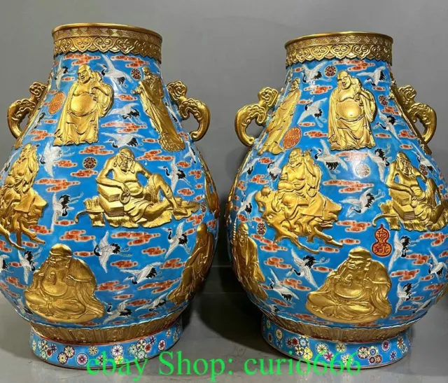 15.5'' Old Qing Famille Rose Porcelain Gold 18 Arhat Buddha Bottle Vase Pair