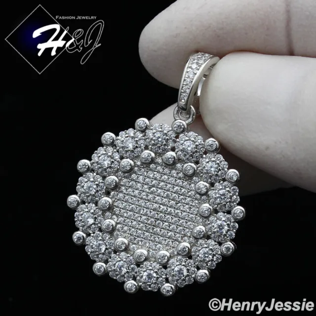 Men Women Solid 925 Sterling Silver Icy Bling Cz 3D Round Pendant*Sp314