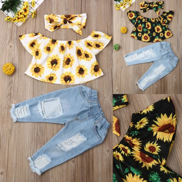 Toddler Baby Girl 3pcs Outfits Off Shoulder Floral Top Ripped Jeans Pants Set