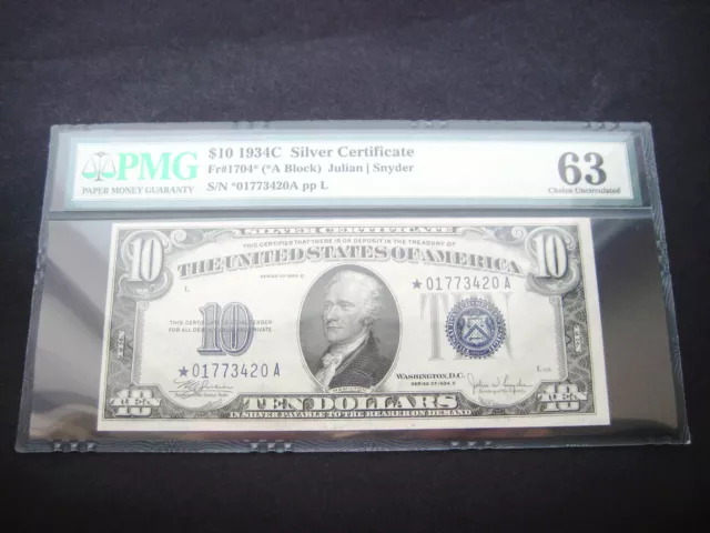 Wow Rare $10 1934 C***Star***Silver Certificate Bu Note**Pmg 63 Good Embossing**