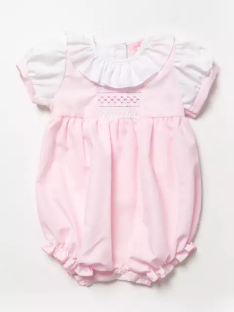 Baby Girl Smocked Romper Spanish Frilly Neck Summer Suit Pink  0-3-6-9 Months